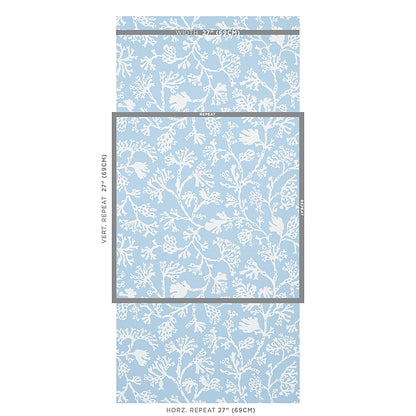 Blue wallpaper with white botanical leaves; three-panel sample showing 27-in horizontal and vertical repeats.