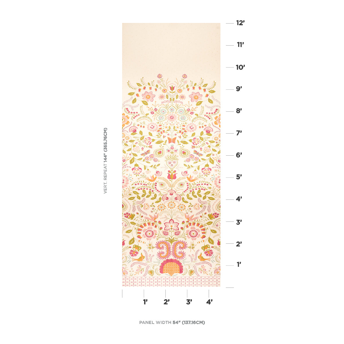 Vertical magenta floral panel on beige with pink and green accents; vintage damask design with decorative bottom border.