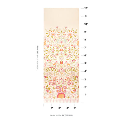 Vertical magenta floral panel on beige with pink and green accents; vintage damask design with decorative bottom border.