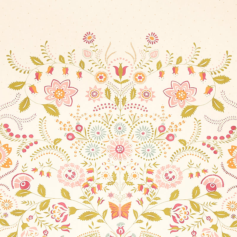 Symmetrical folk-art floral pattern in pink, gold & mint on cream; ornate botanical motif for wallpaper or fabric.
