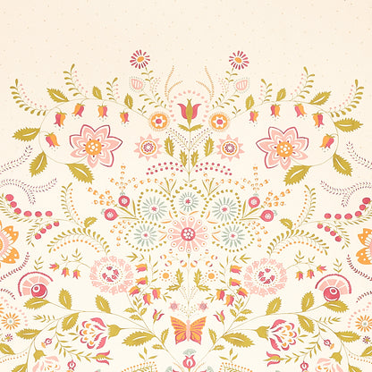 Symmetrical folk-art floral pattern in pink, gold & mint on cream; ornate botanical motif for wallpaper or fabric.
