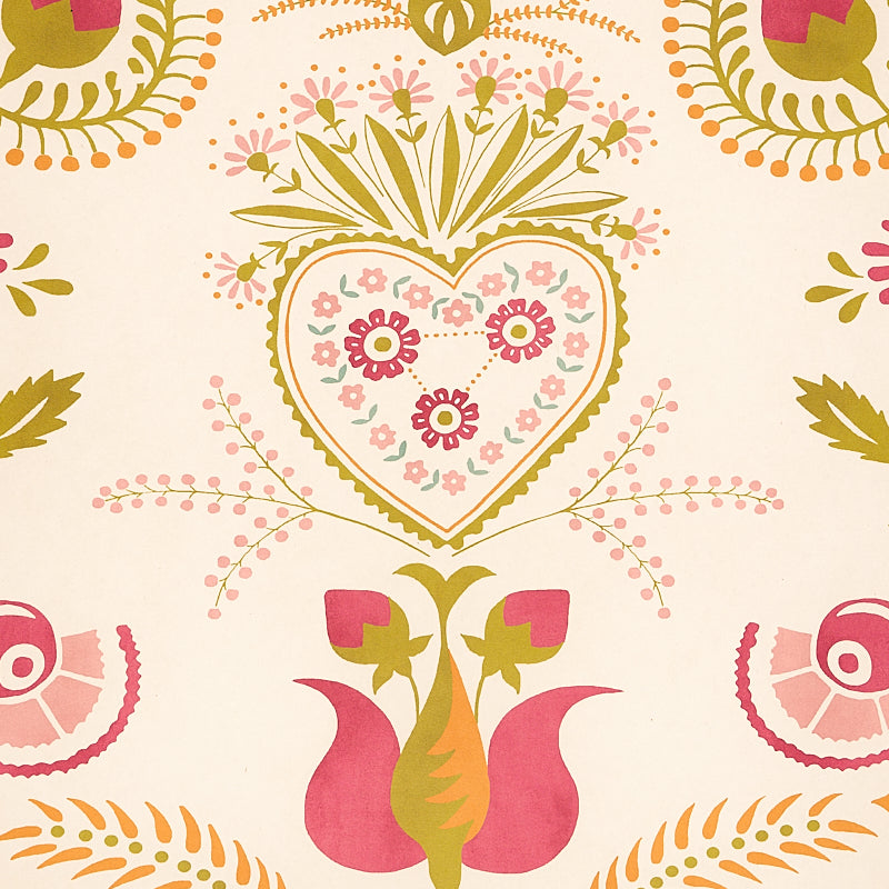 Magenta background with pink, green and gold folk-art floral heart pattern, featuring tulip motifs and decorative leaves.