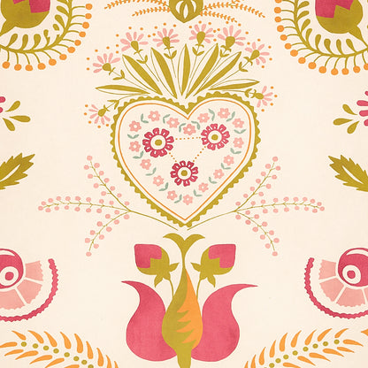 Magenta background with pink, green and gold folk-art floral heart pattern, featuring tulip motifs and decorative leaves.