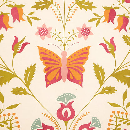 Vintage floral wallpaper pattern: cream background with pink-orange butterfly, pink flowers, and olive-green leaves.