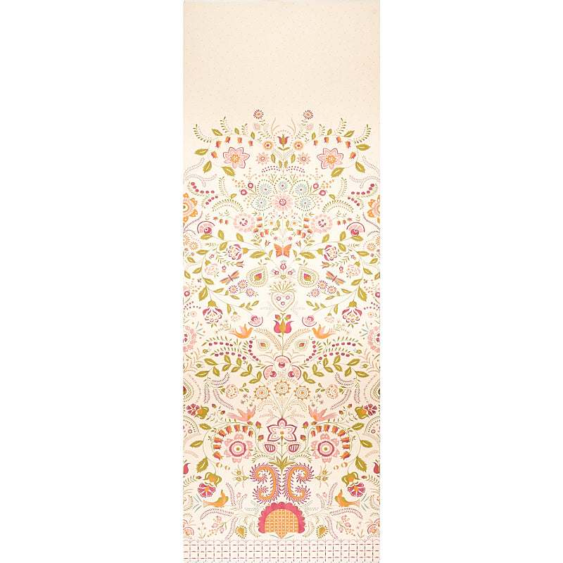 Beige decorative textile panel featuring an intricate pink, gold and green boho floral pattern along the lower half.