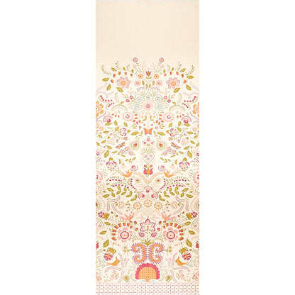 Beige decorative textile panel featuring an intricate pink, gold and green boho floral pattern along the lower half.
