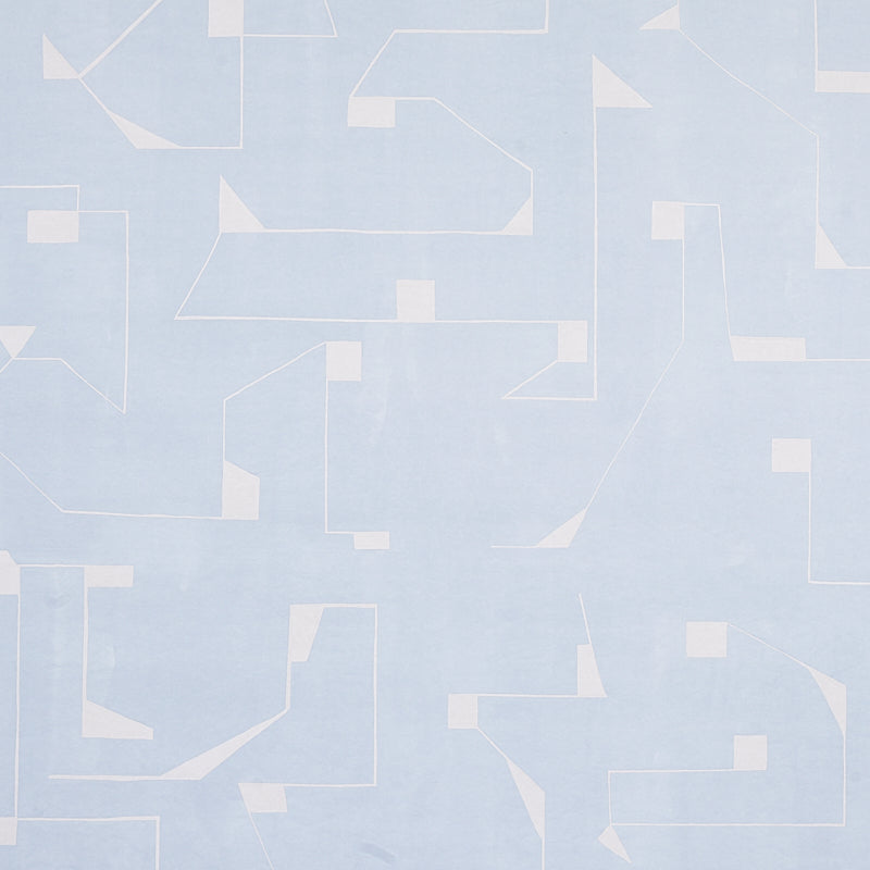 Soft sky blue wallpaper with white geometric lines and squares, modern abstract pattern.