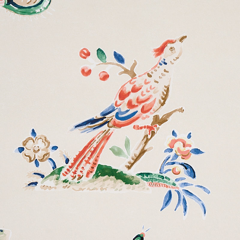 Watercolor parrot perched on a branch with orange head, red/blue wings, and blue-green floral accents.