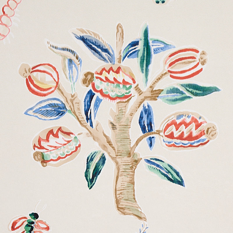 Watercolor-style tree with red-orange fruit pods and blue-green leaves on beige background; decorative wall art.