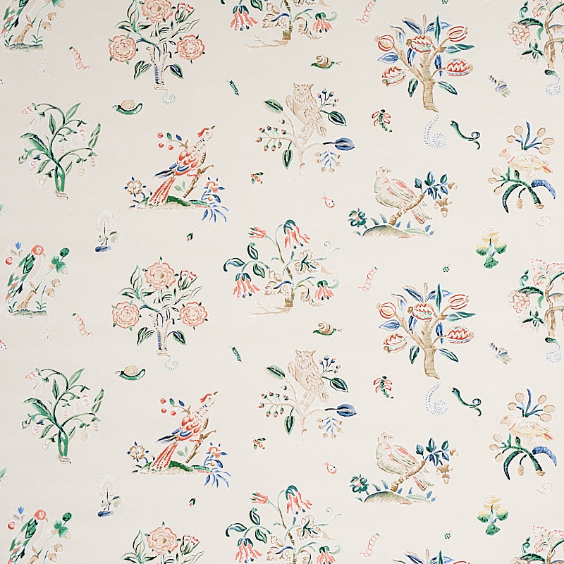 Cream fabric with whimsical pastel garden print: birds, flowers and trees in pinks, blues, greens.