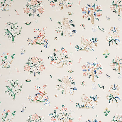 Cream fabric with whimsical pastel garden print: birds, flowers and trees in pinks, blues, greens.
