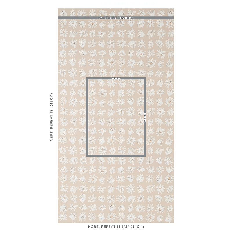 Beige wallpaper sample with white palm-leaf pattern and a centered grey square frame for a tropical decorative wall covering.