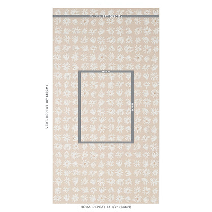 Beige wallpaper sample with white palm-leaf pattern and a centered grey square frame for a tropical decorative wall covering.