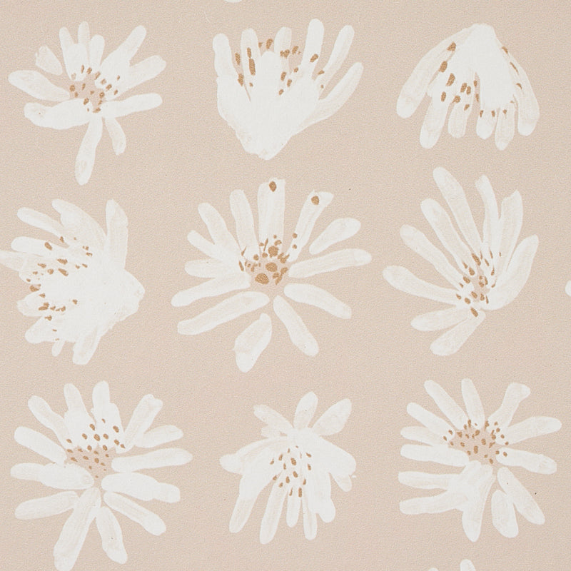 Beige background with white brush-stroke daisy flowers in a repeating floral pattern.