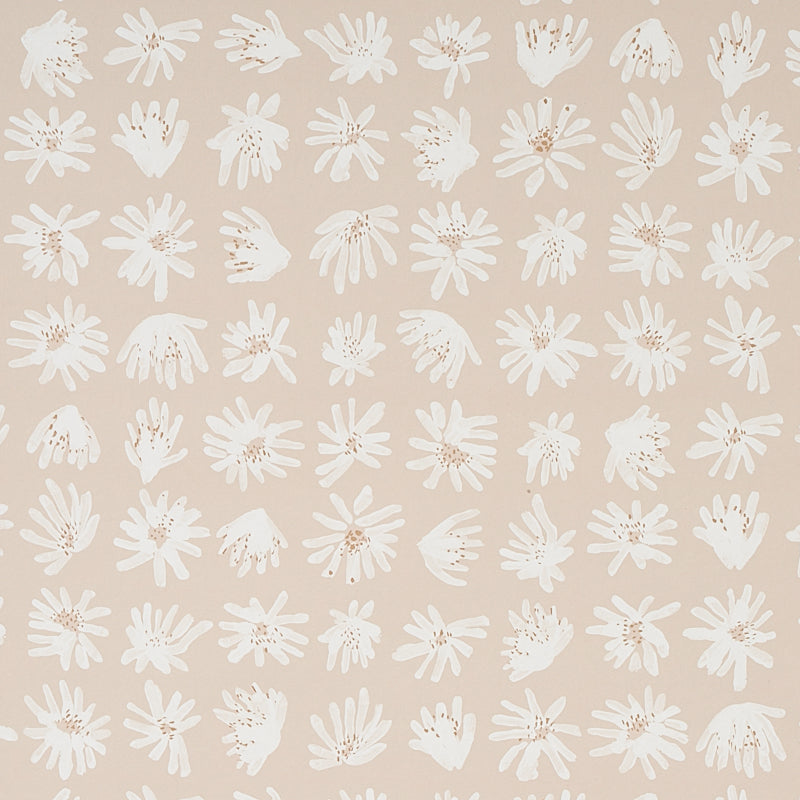 Beige background with repeating white daisy blossom motifs; soft floral pattern for wallpaper or fabric.