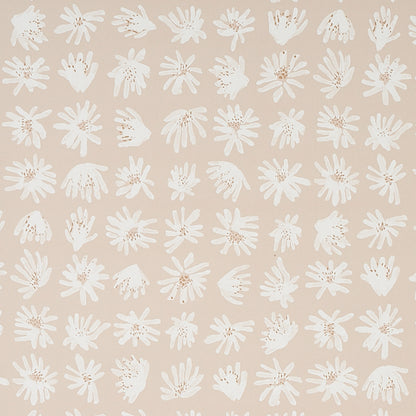 Beige background with repeating white daisy blossom motifs; soft floral pattern for wallpaper or fabric.