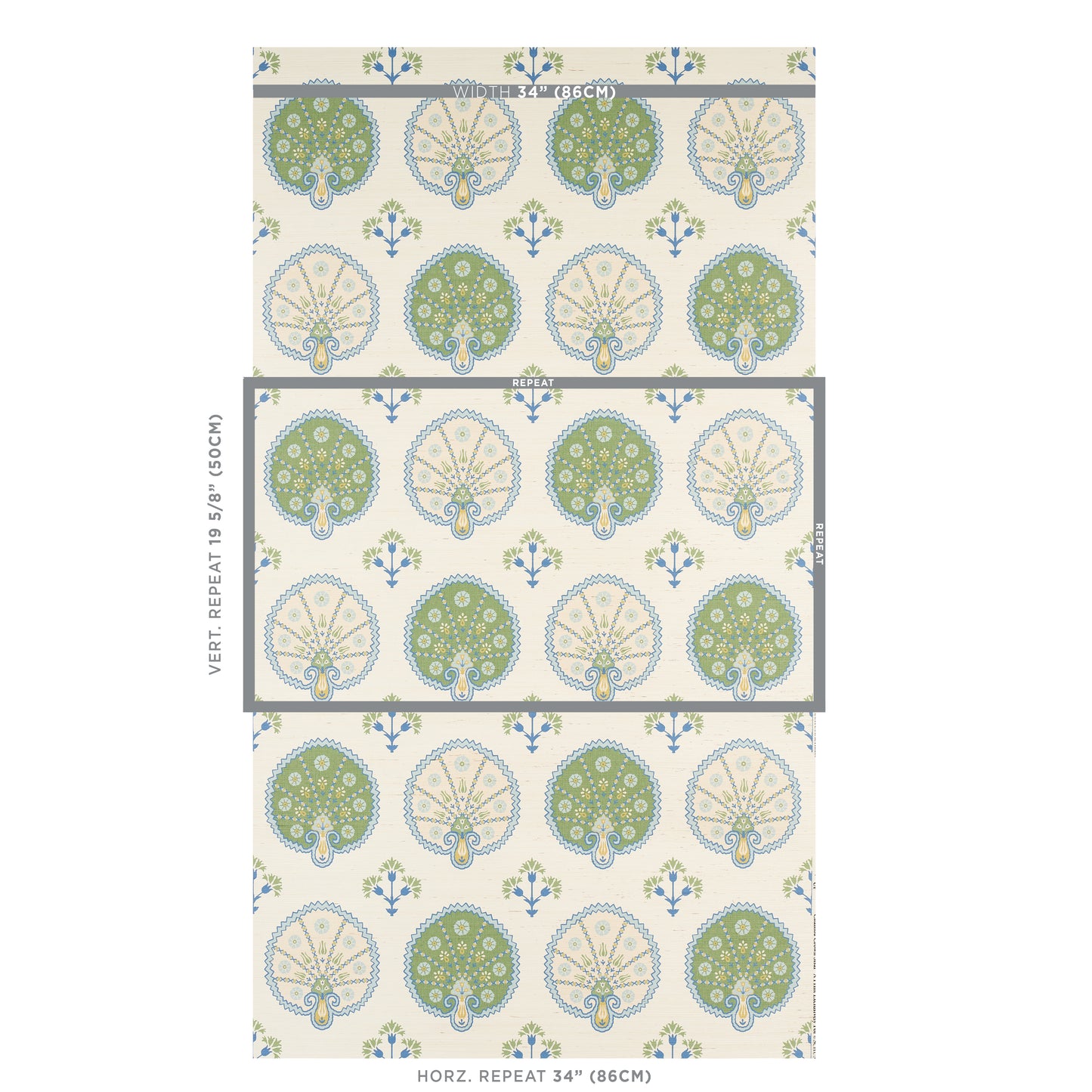 Wallpaper pattern with alternating green and beige circular tree motifs on ivory background; repeating floral geometric design.