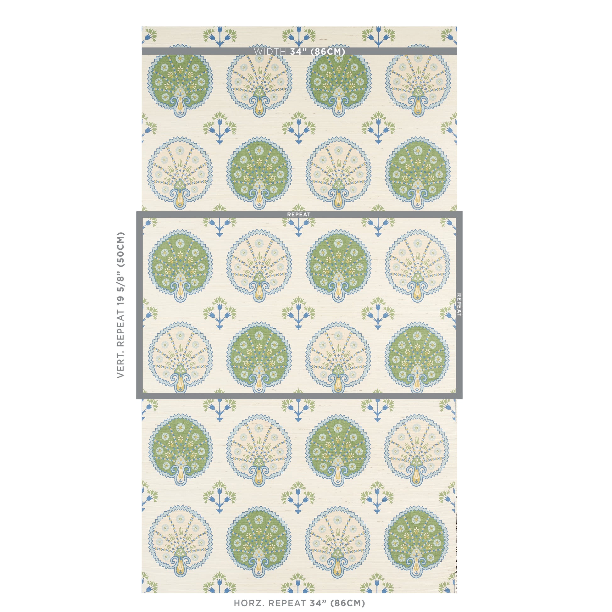 Wallpaper pattern with alternating green and beige circular tree motifs on ivory background; repeating floral geometric design.