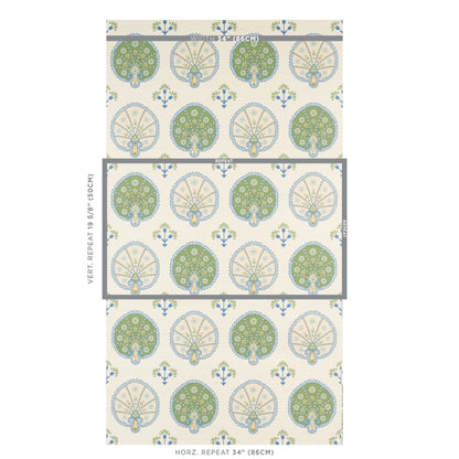 Wallpaper pattern with alternating green and beige circular tree motifs on ivory background; repeating floral geometric design.