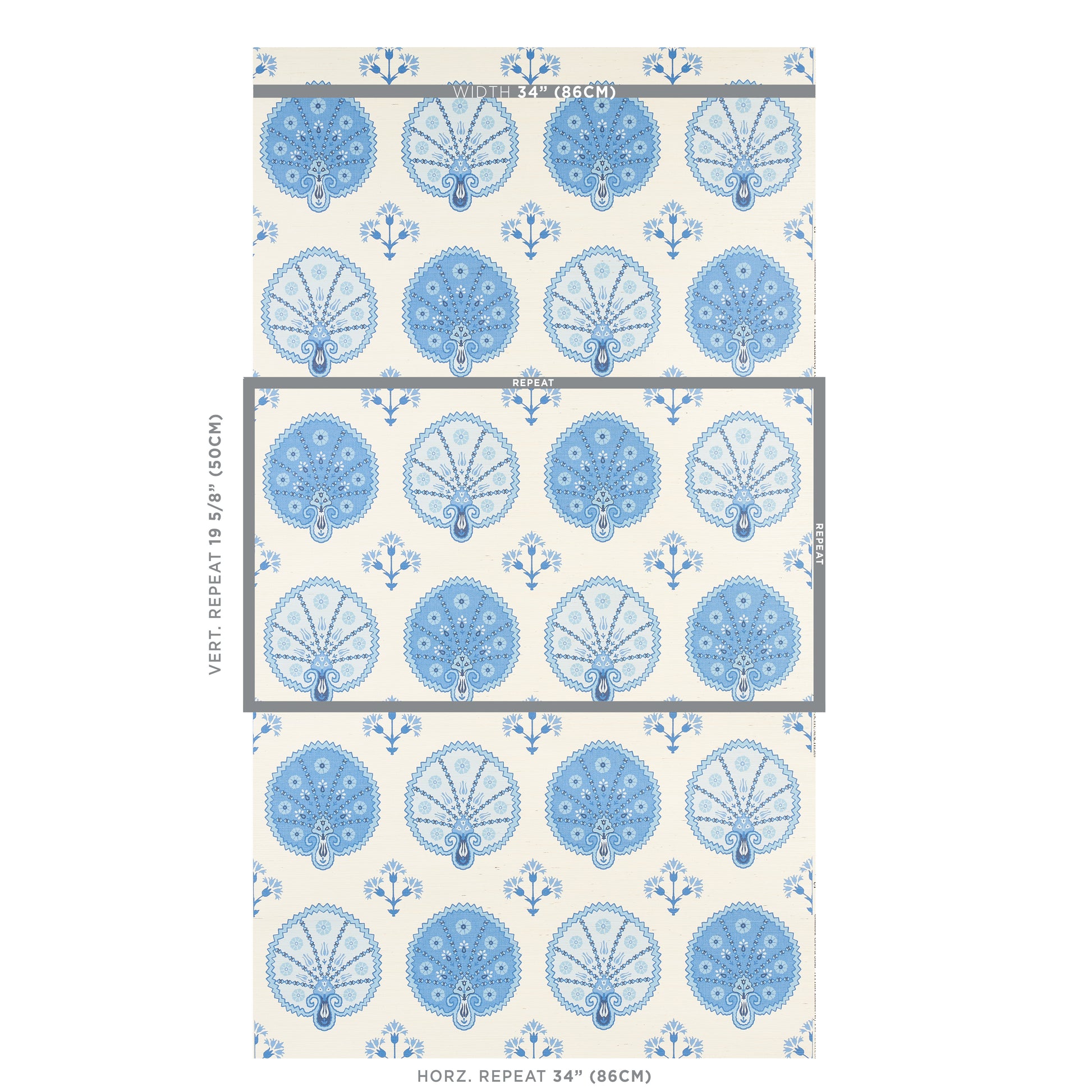 Blue and white circular rosette and fan motifs wallpaper on white wallcovering; damask-style repeating pattern.