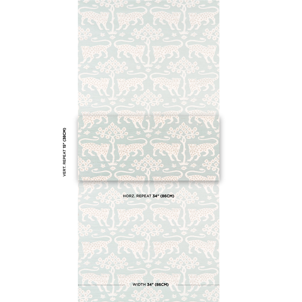 Mint green wallpaper roll with repeating white leopard silhouettes and botanical motifs.