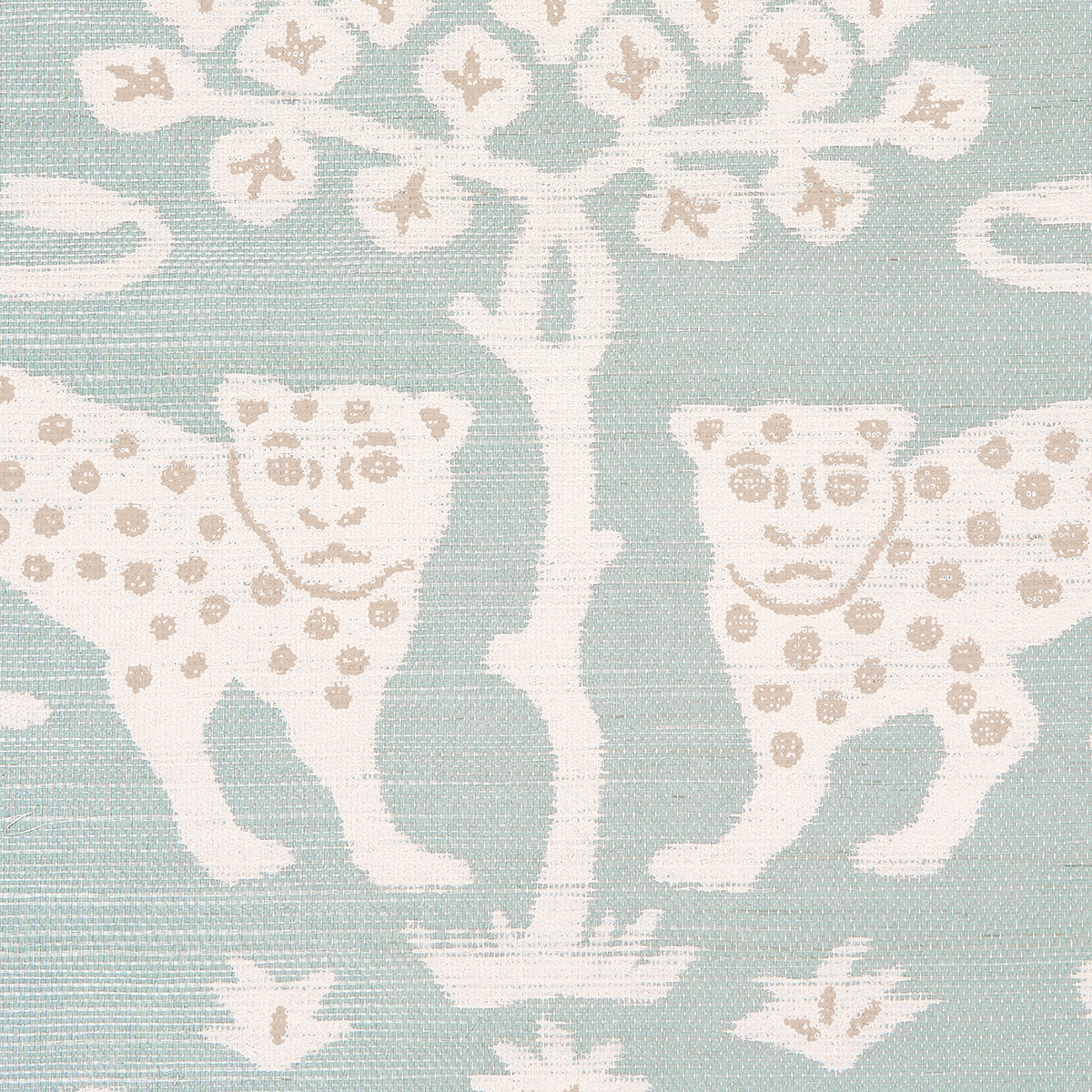 Light blue textile with cream leopards flanking a central white tree and blossom motif.
