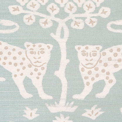 Light blue textile with cream leopards flanking a central white tree and blossom motif.