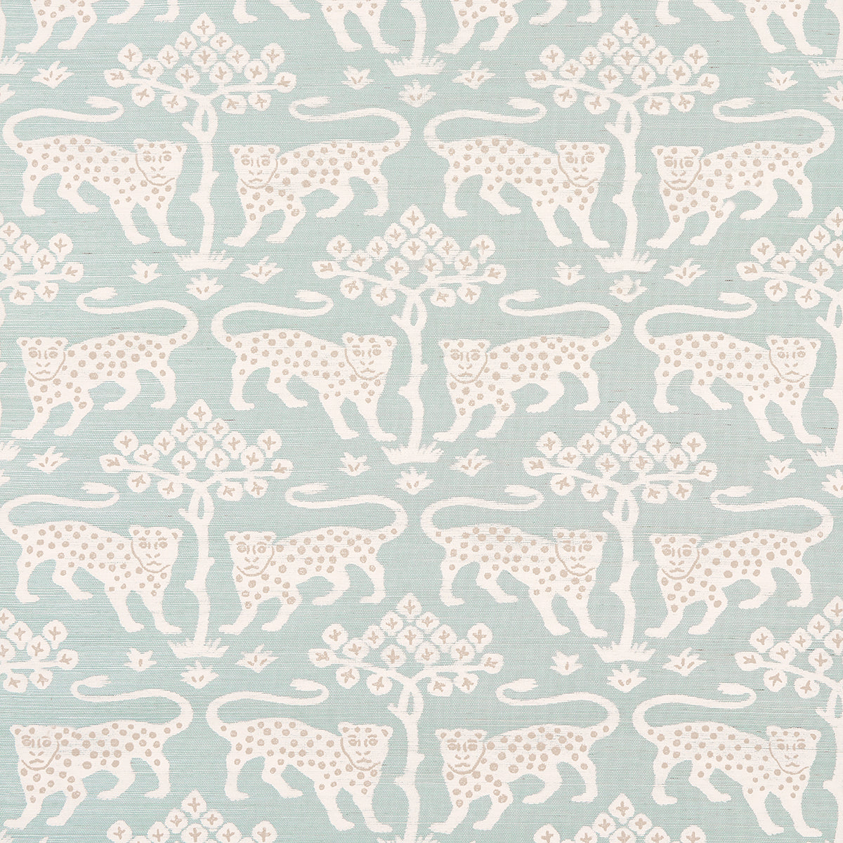 Soft blue fabric with white leopard silhouettes and pink tree motifs in a repeating decorative pattern.