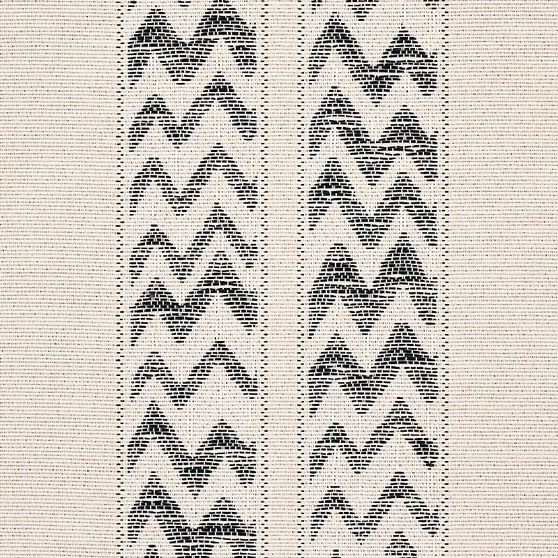 Beige woven textile with black chevron zigzag stripes; rustic boho table runner, cotton/jute blend.