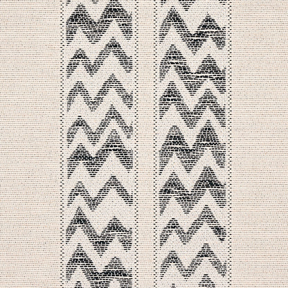 Beige woven textile with black chevron zigzag stripes; rustic boho table runner, cotton/jute blend.