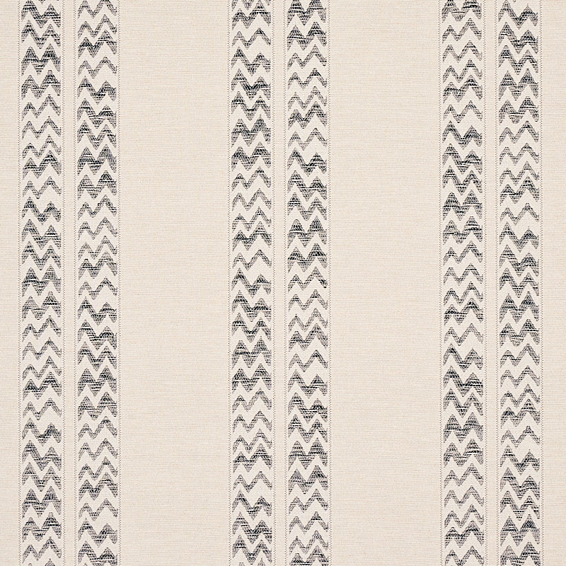 Beige fabric with narrow vertical charcoal chevron stripes in a repeating geometric pattern.