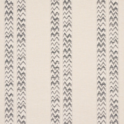 Beige fabric with narrow vertical charcoal chevron stripes in a repeating geometric pattern.