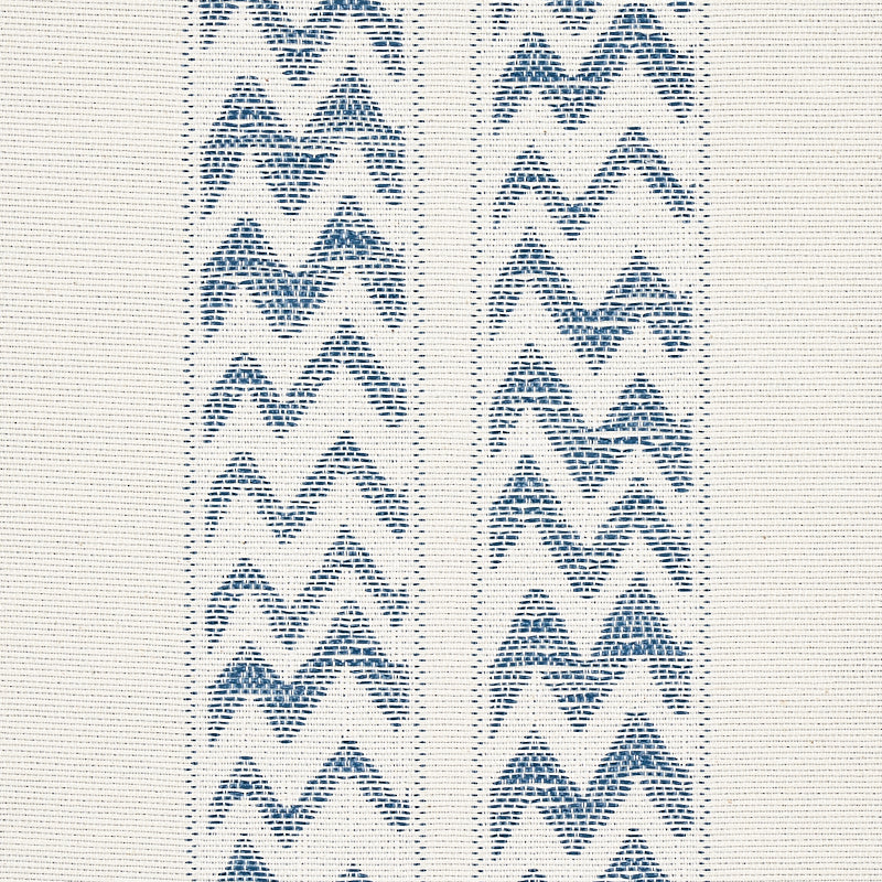 Cream woven textile with two vertical navy blue chevron stripes; rustic table runner.