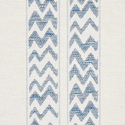 Cream woven textile with two vertical navy blue chevron stripes; rustic table runner.