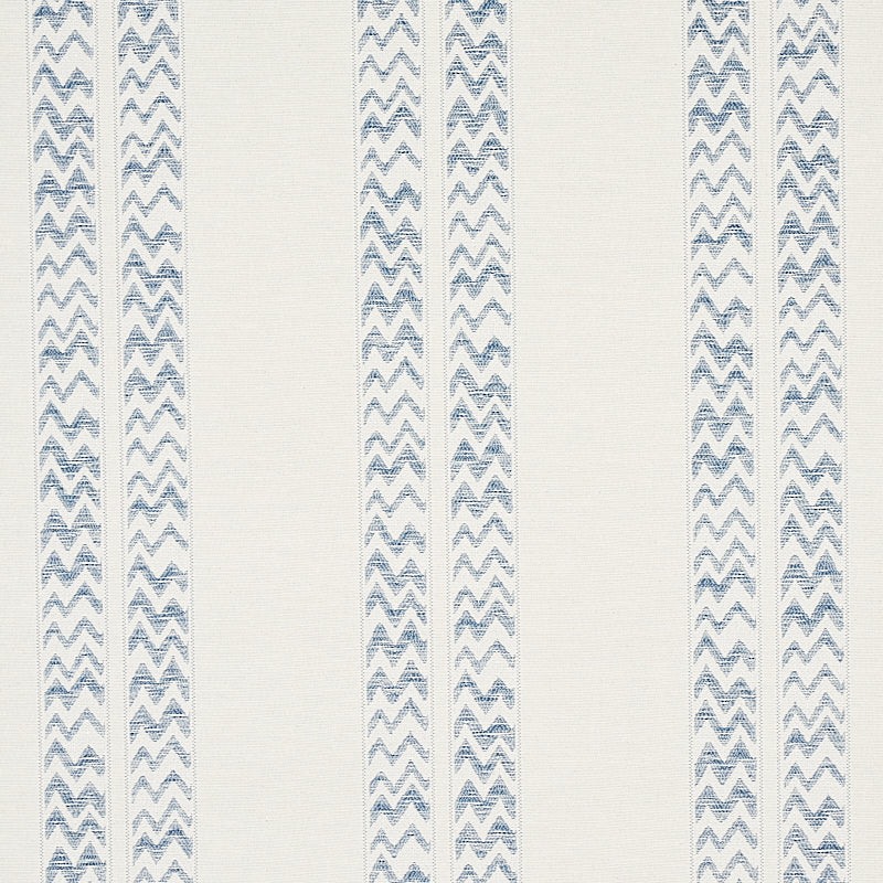 Cream background with vertical blue chevron stripes; woven-textured wallpaper pattern.
