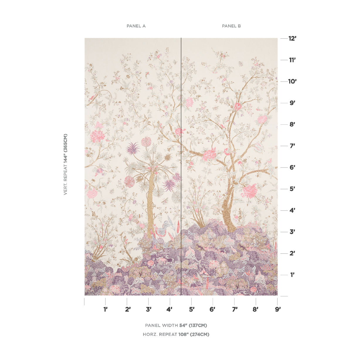 Two-panel wall mural with pastel pink floral trees atop lilac rocky ground; vintage botanical style.