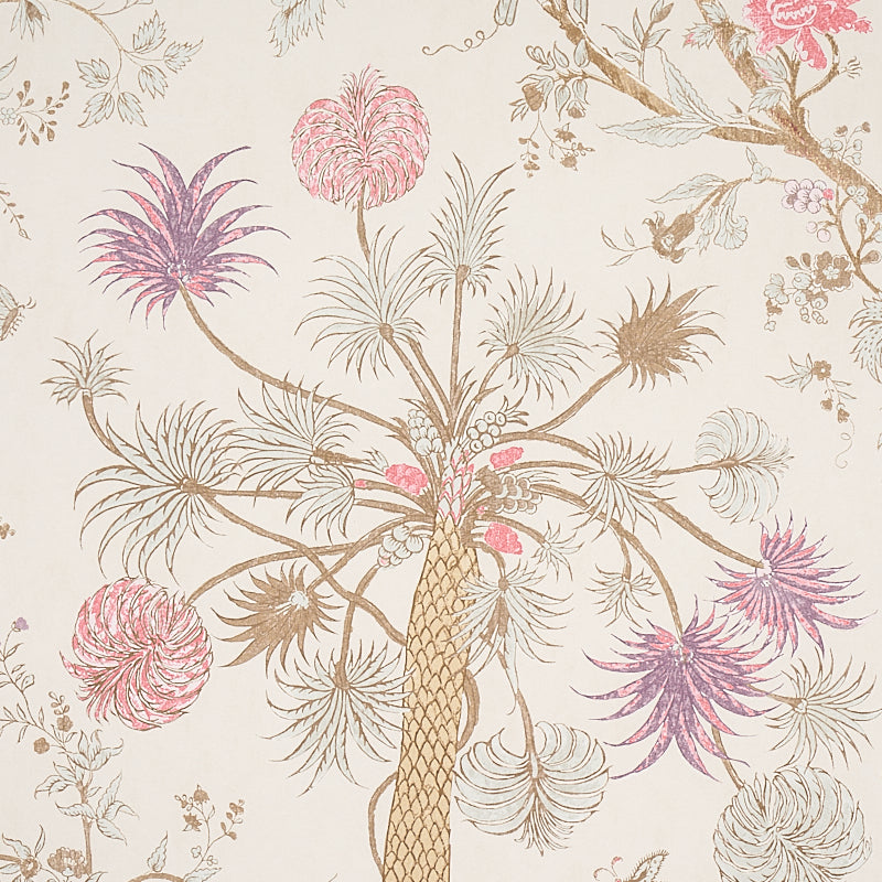 Panel set design featuring tropical palm trees with pink and purple floral accents on a cream-beige background.