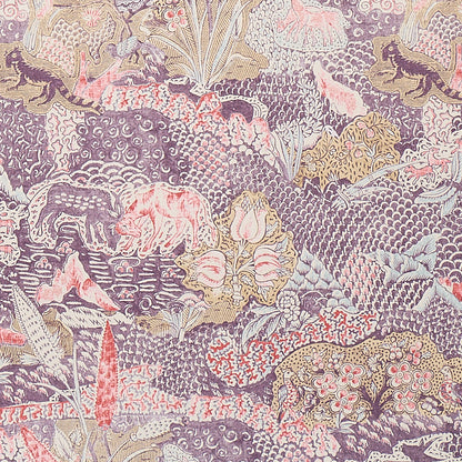 Pastel toile print fabric with elephants, birds and lush florals in lavender, pink, cream & gold.
