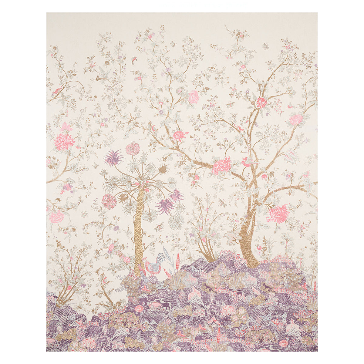 Pastel botanical print with pink blossoms, gold branches, and purple rocky foreground on cream background.