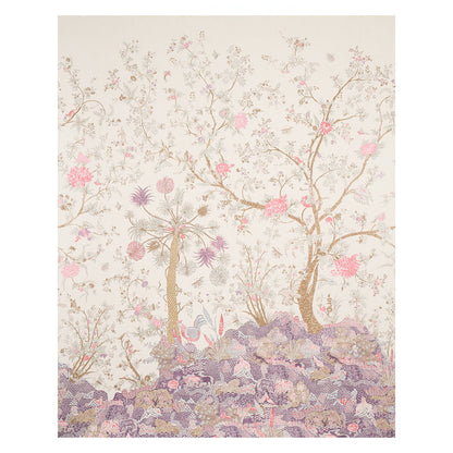 Pastel botanical print with pink blossoms, gold branches, and purple rocky foreground on cream background.
