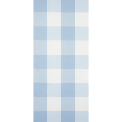 Blue and white checkered wallpaper panel in a tall rectangle, gingham-style wallcovering.