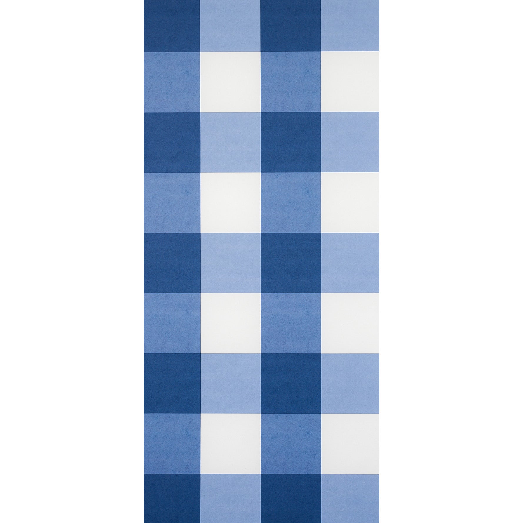 Blue-and-white plaid wallcovering with alternating navy and light-blue squares; rectangular panel.