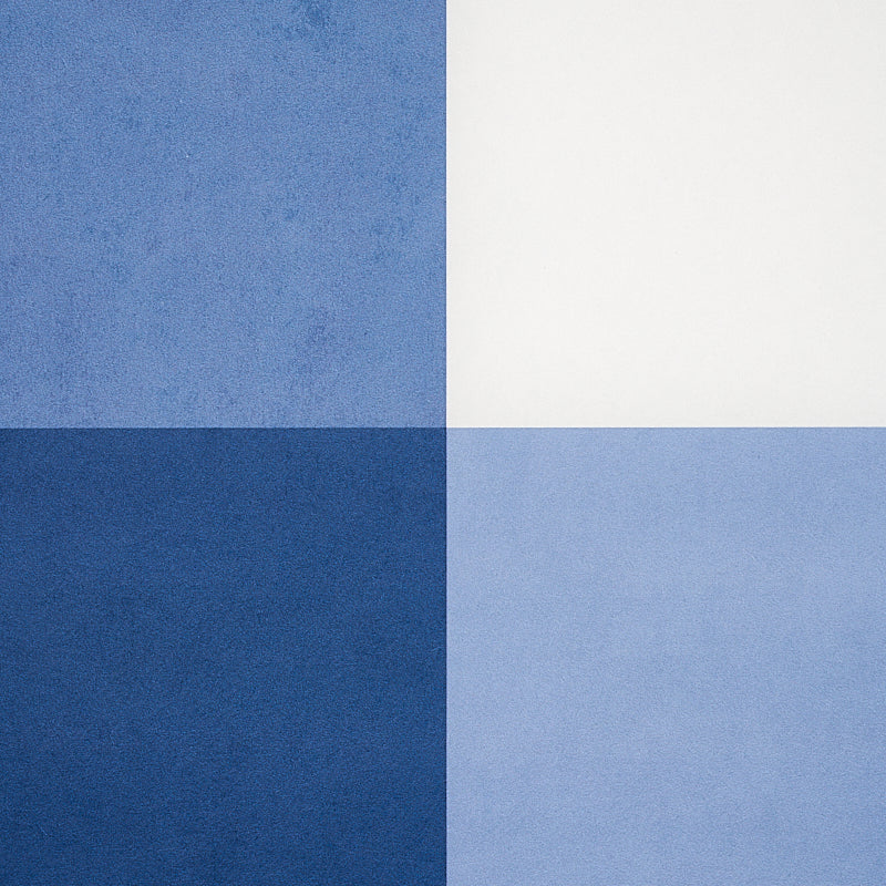Wallpaper sample in a navy plaid/check pattern, shown as a two-by-two color block: top-left textured medium blue, top-right white, bottom-left dark navy, bottom-right light blue.