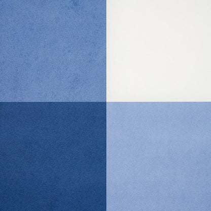 Wallpaper sample in a navy plaid/check pattern, shown as a two-by-two color block: top-left textured medium blue, top-right white, bottom-left dark navy, bottom-right light blue.