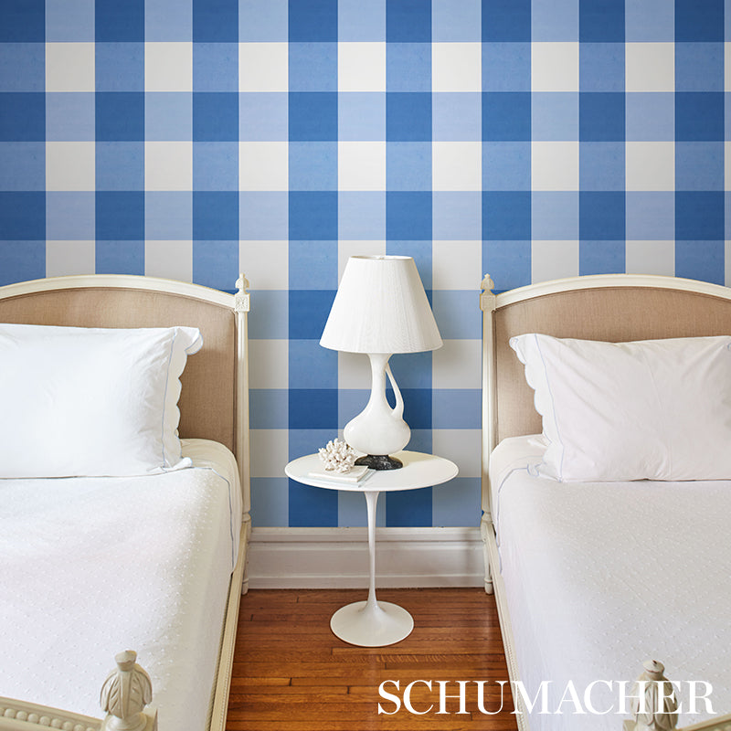 Blue & white plaid wallpaper with a large navy check pattern.