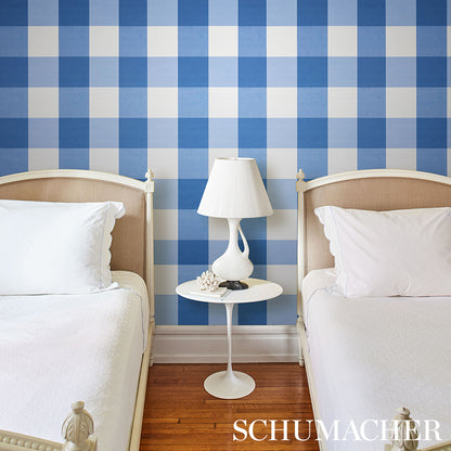 Blue & white plaid wallpaper with a large navy check pattern.