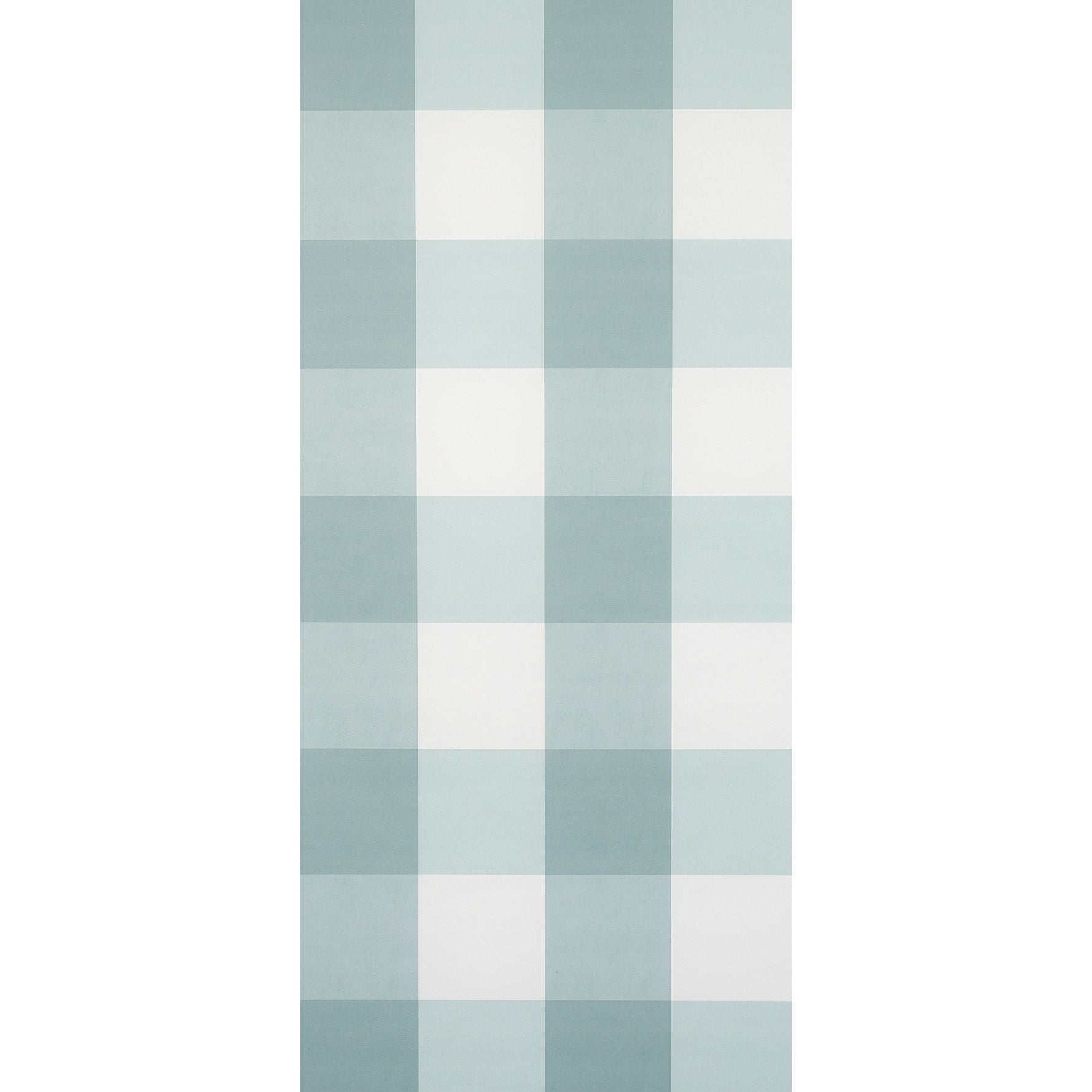 Large seaglass check wallcovering with pale blue and white gingham plaid.