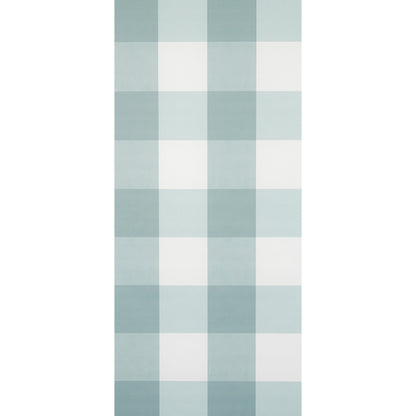 Large seaglass check wallcovering with pale blue and white gingham plaid.