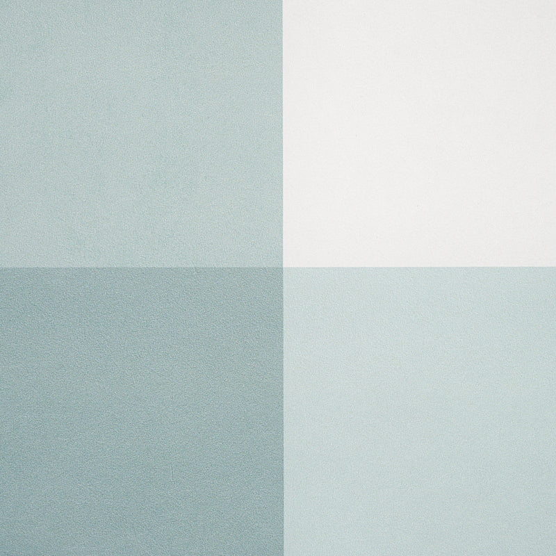 Pastel color-block four-square plaid pattern in teal, white, blue-gray and light aqua; wallcovering.