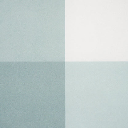 Pastel color-block four-square plaid pattern in teal, white, blue-gray and light aqua; wallcovering.